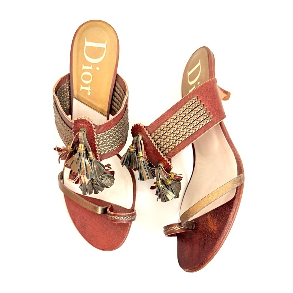Christian Dior Vintage Brown Gold Leather Tassel thong kitten heel sandals EU 40
